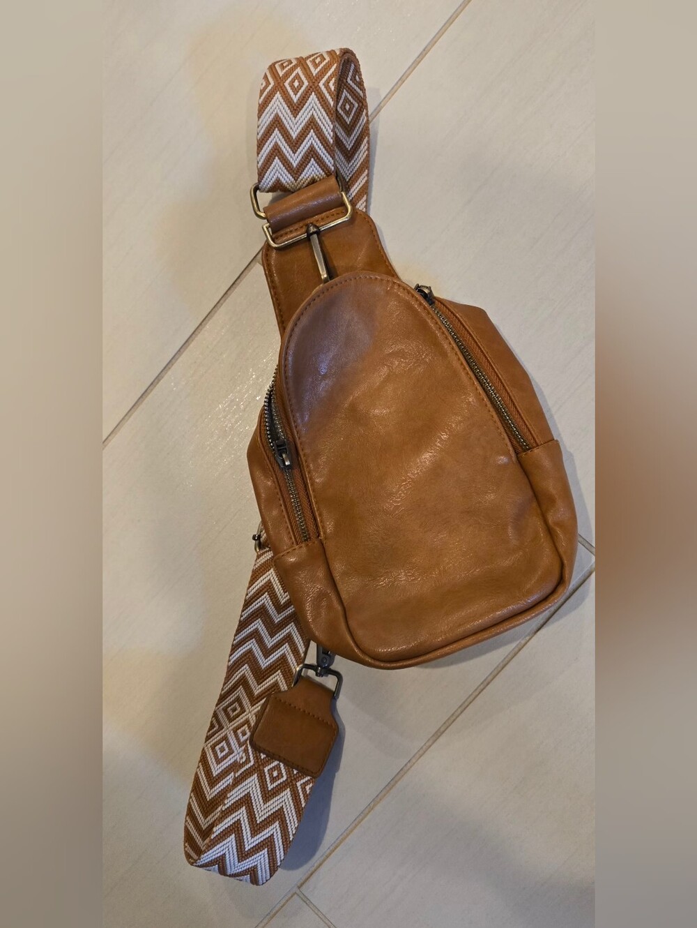 Women's Tan Pleather Crossbody Sling Bag with Patterned Strap